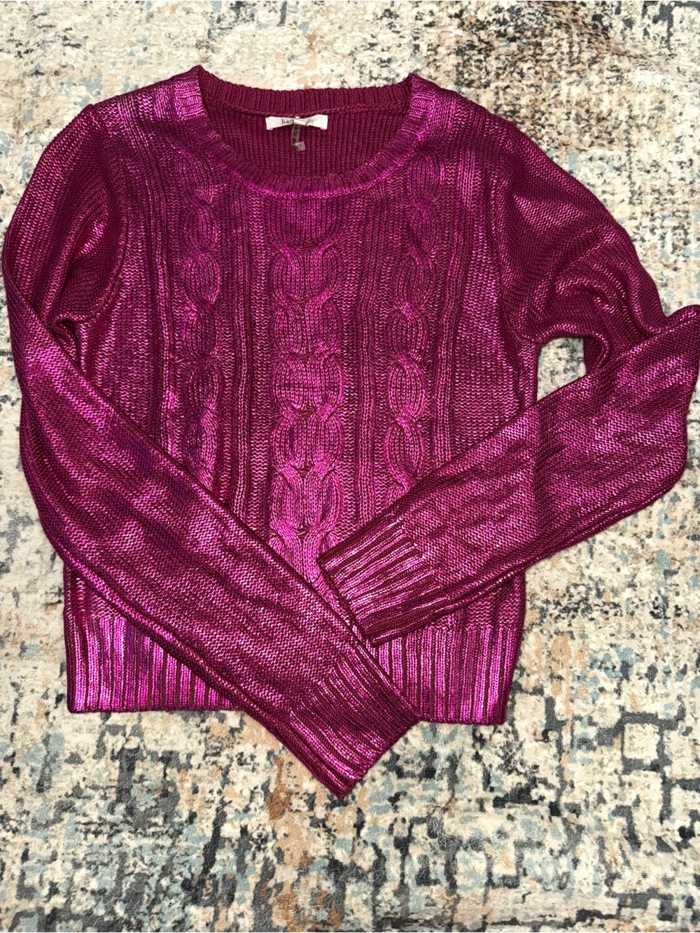Metallic Fuchsia Cable-Knit Crewneck Sweater